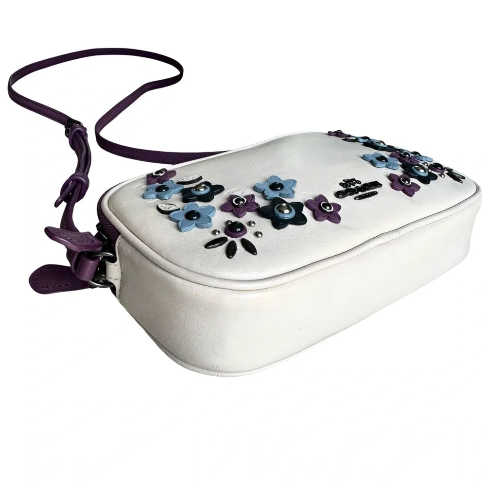 Coach Floral Appliqué Crossbody Bag Off White Purple Leather